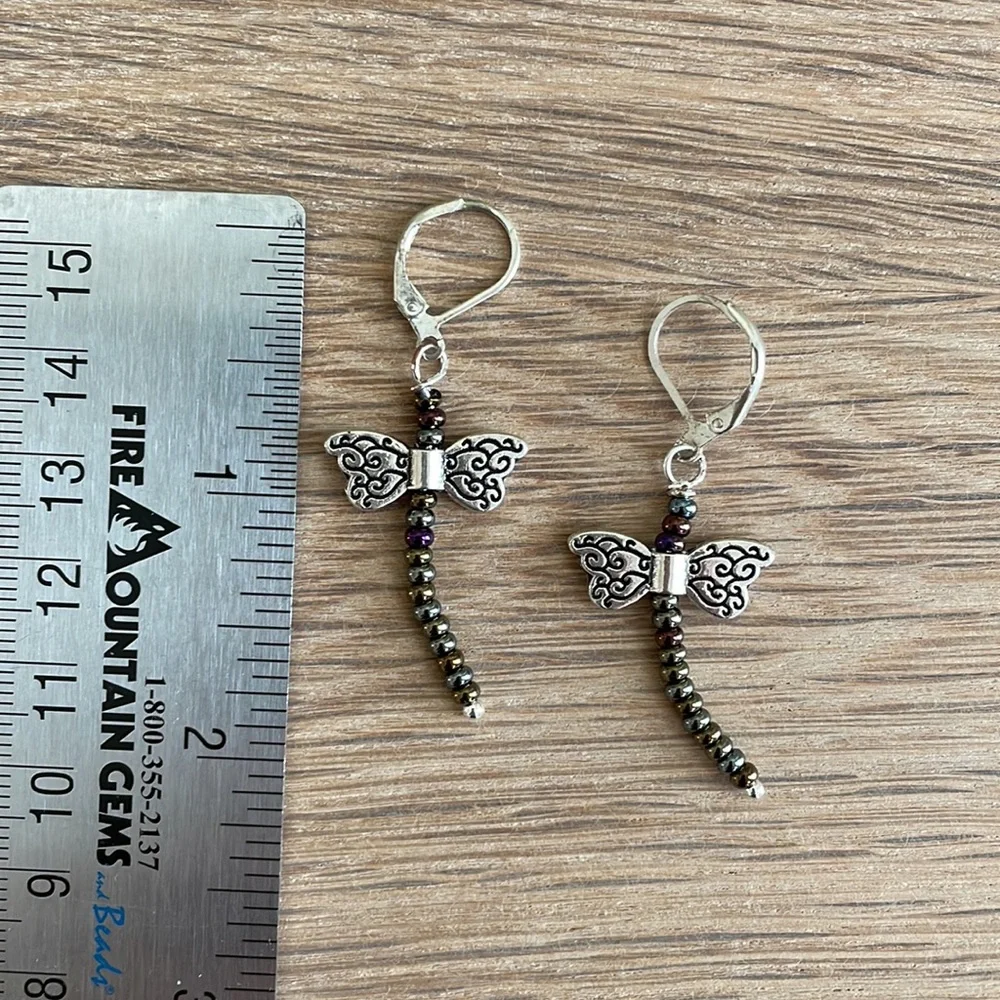 HAND CRAFTED DRAGONFLY EARRINGS Brown Iris Seed Beads Silver Plated Wings